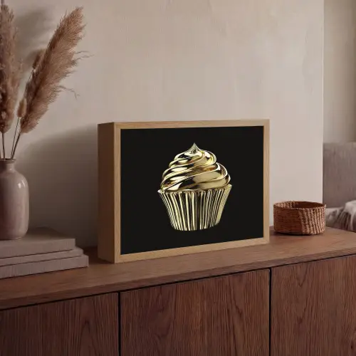 Cupcake - Eten - Goud - Zwart Light Box met batterij (Wandlamp) middel -sfeer2
