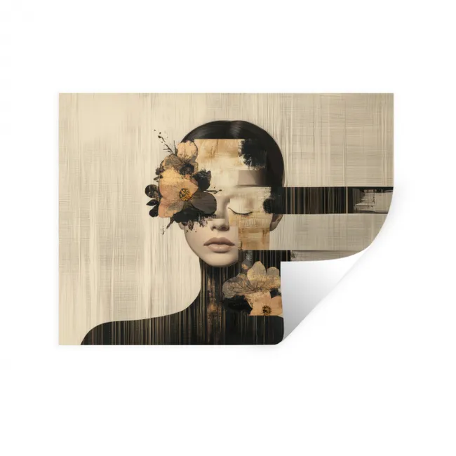 Muursticker - Gezicht - Bloemen - Zwart - Vrouw