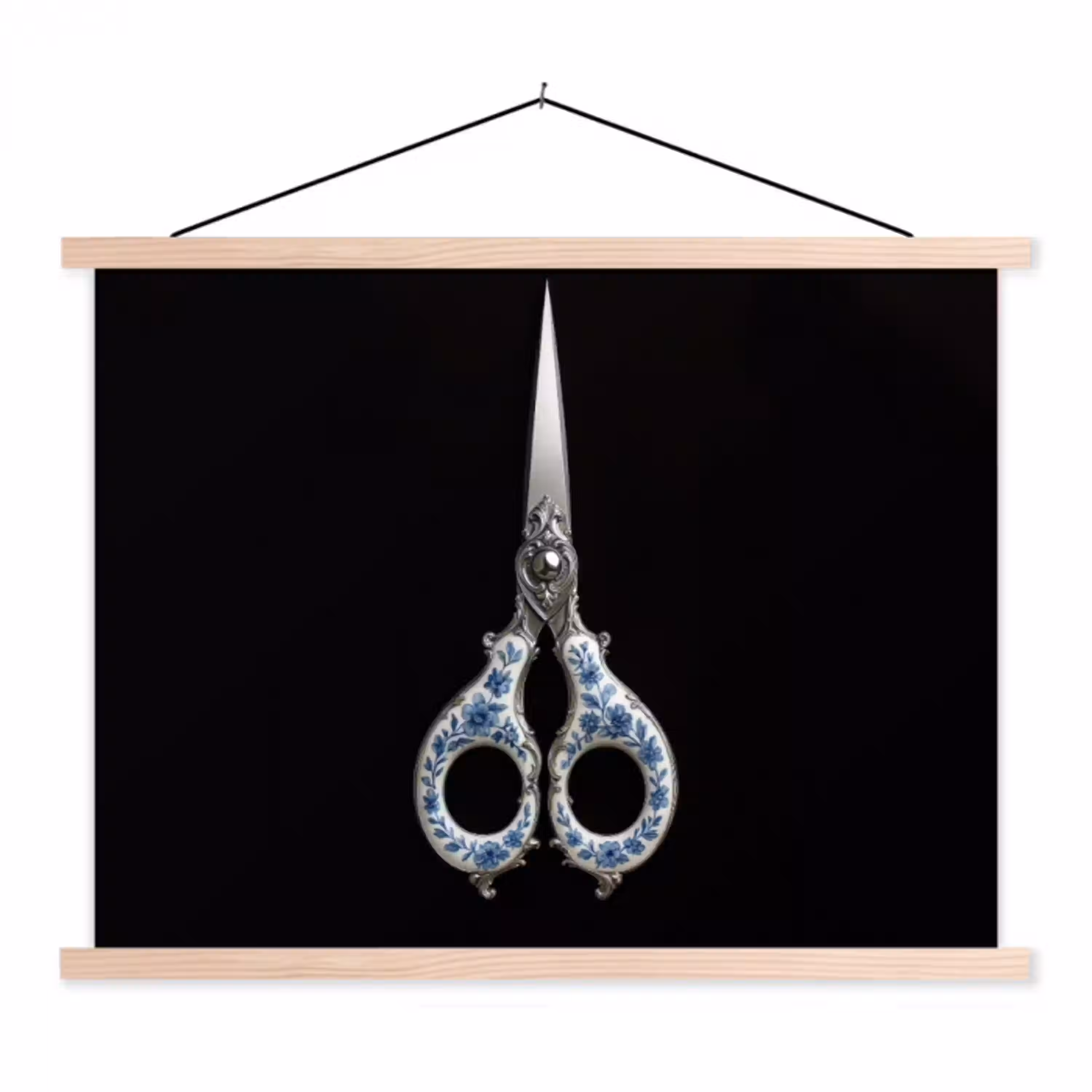 Schaar - Delfts blauw - Zwart textielposter latten blank klein -3d