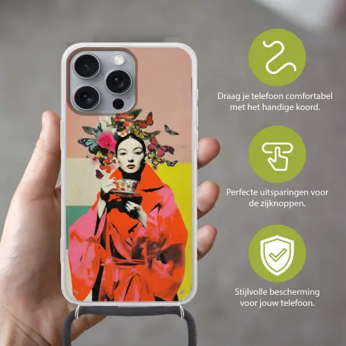 Retro - Vrouw - Kopje - Vlinders Hoesje iPhone 16 Pro Max met koord klein -sfeer2_NL