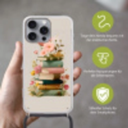 Boeken - Stapel - Bloemen - Kleurrijk Hoesje iPhone 16 Pro Max met koord klein -sfeer2_DE