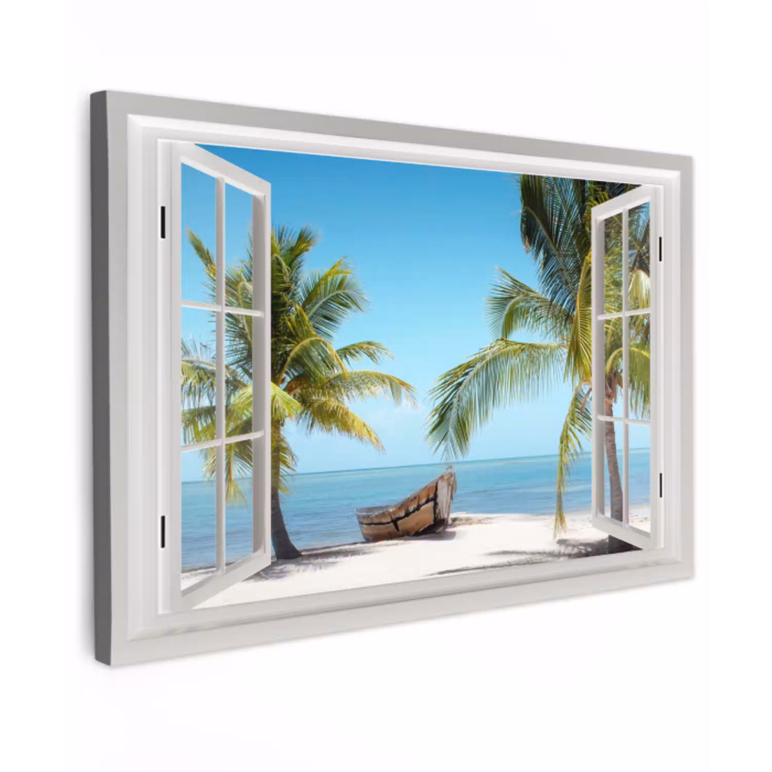 Doorkijk - Strand - Palmboom - Boot - Tropisch - Zee - Blauw canvas 2cm klein -z3d