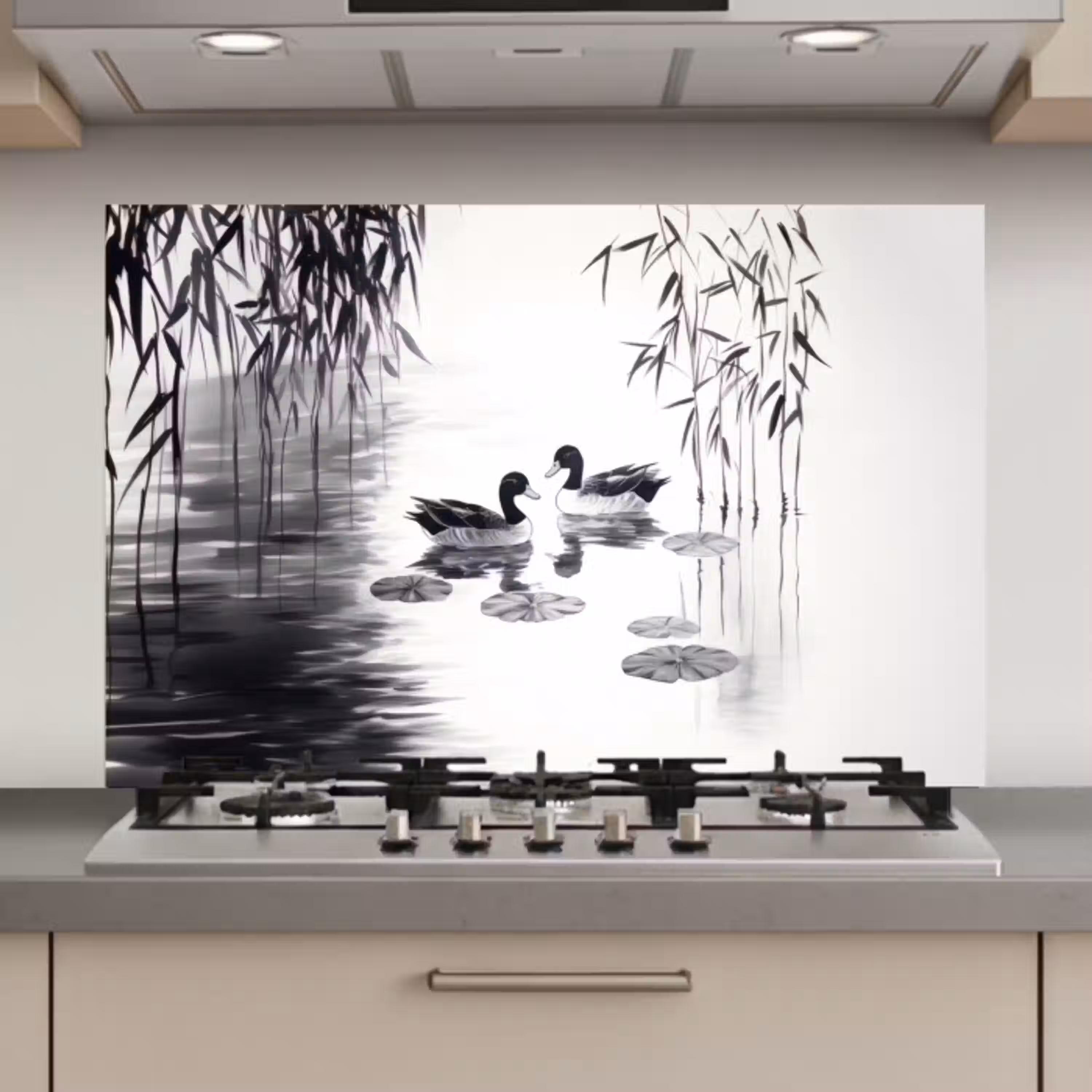 Eenden - Waterlelies - Riet - Zwart keuken achterwand spatscherm klein -3d_website