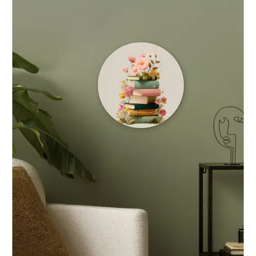 Boeken - Stapel - Bloemen - Kleurrijk Wandcirkel kunststof plaat 5mm dik klein -sfeer3