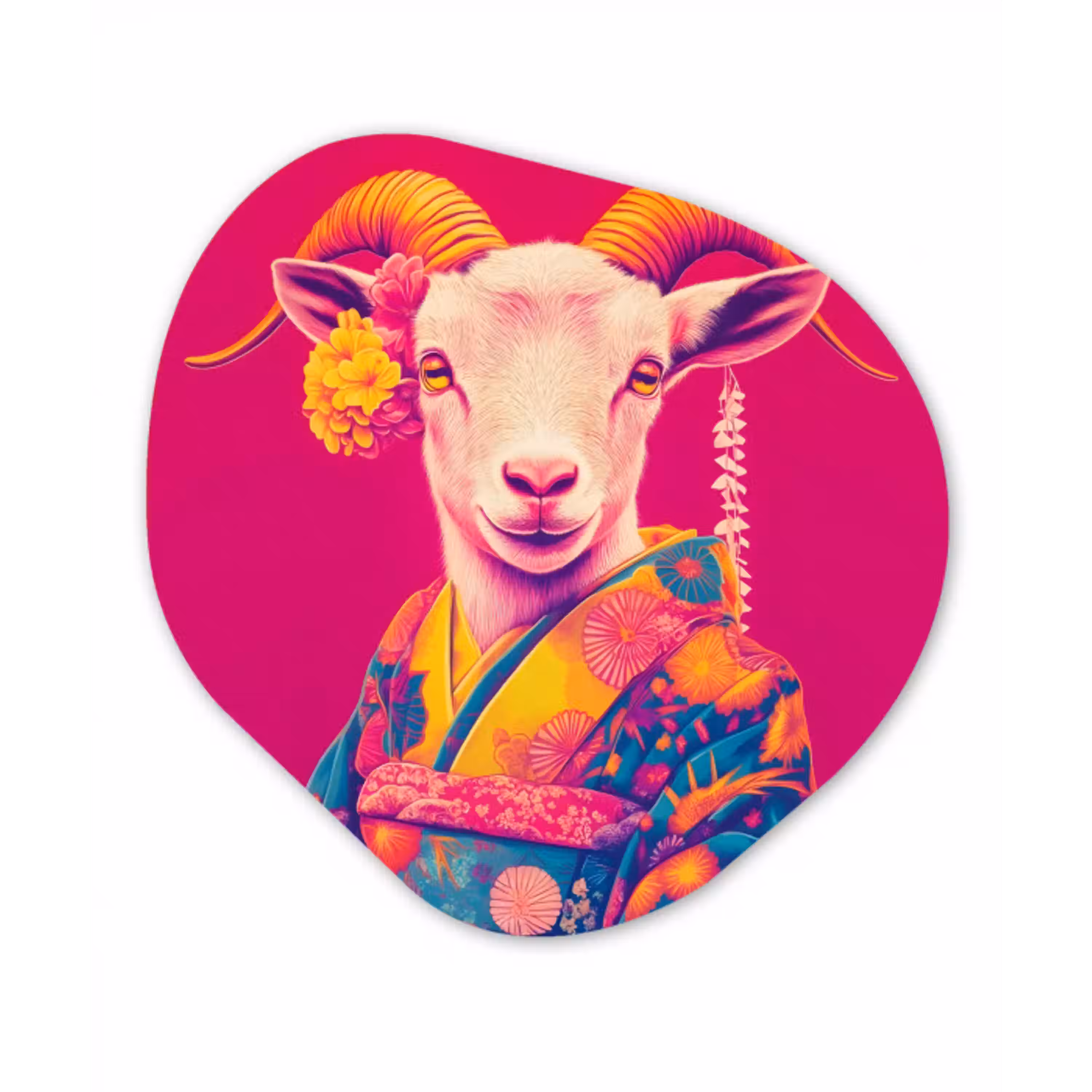 Geit - Hoorns - Kimono - Kleurrijk Wandcirkel Organisch Aluminium middel -3d