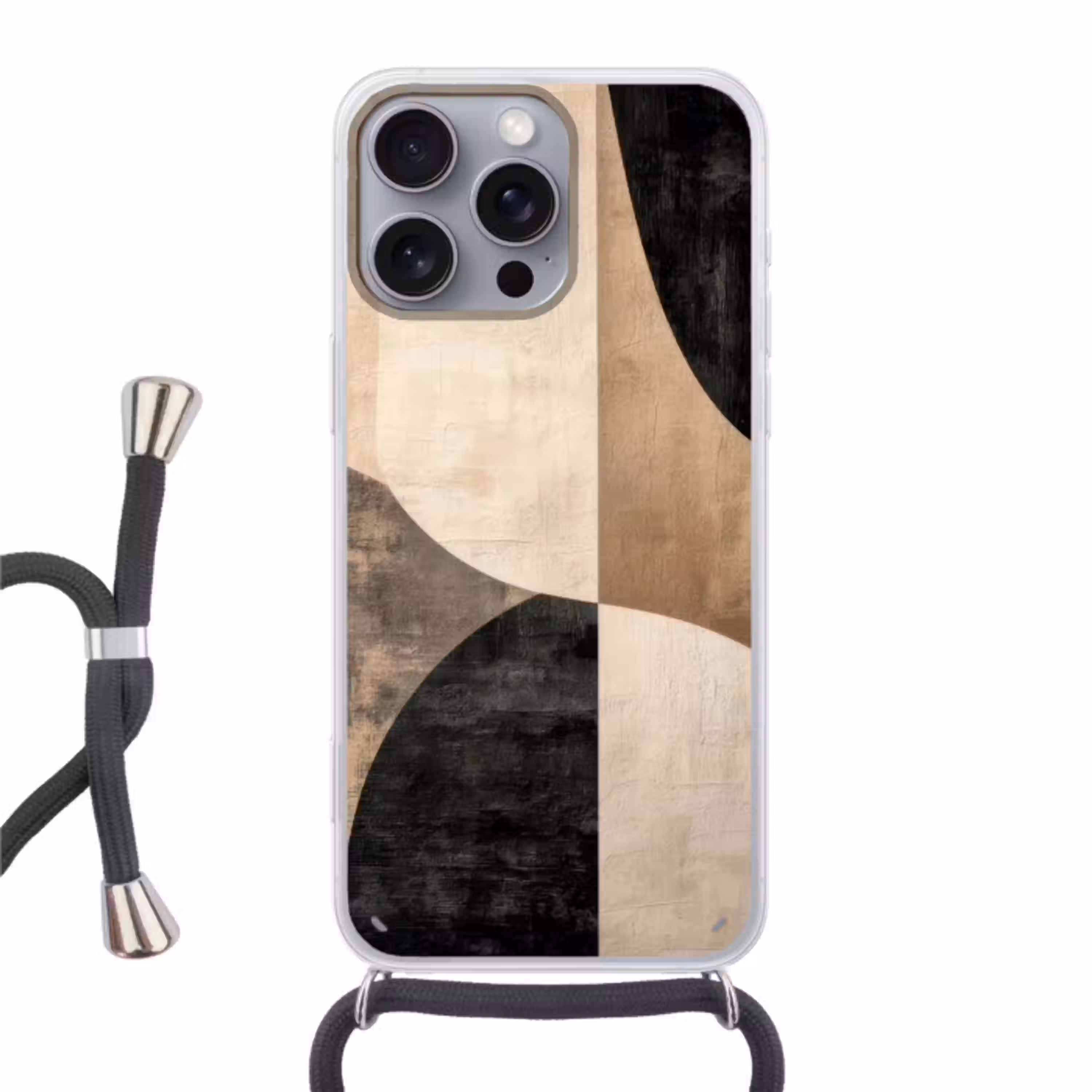Abstract - Vlakken - Zwart - Rond Hoesje iPhone 16 Pro Max met koord klein -3d