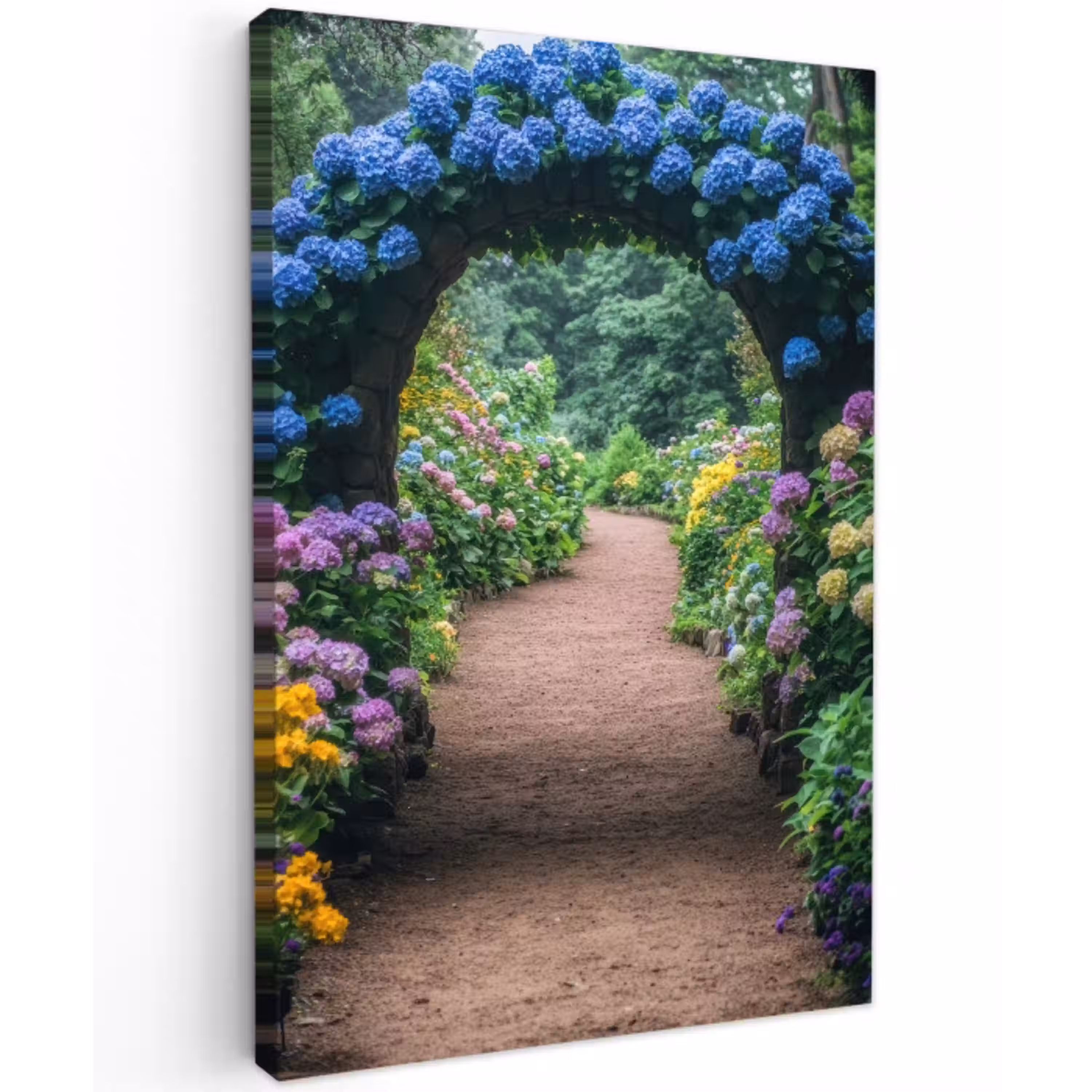 Doorkijk - Bloemen - Hortensia - Pad Tuinposter op houten frame 2 cm dik klein -3d