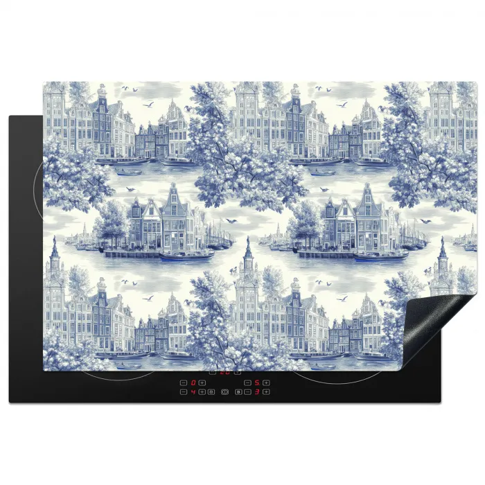 Huizen - Bomen - Water - Vogels - Blauw Inductie beschermer vinyl 3mm klein 276 -3d