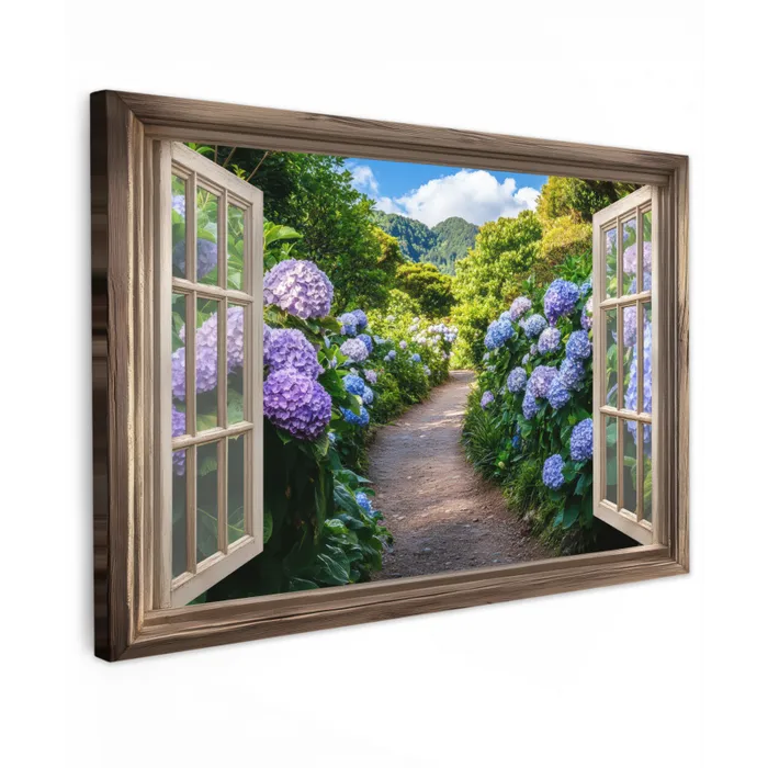 Doorkijk - Hortensia - Pad - Natuur Tuinposter op houten frame 2 cm dik klein -3d