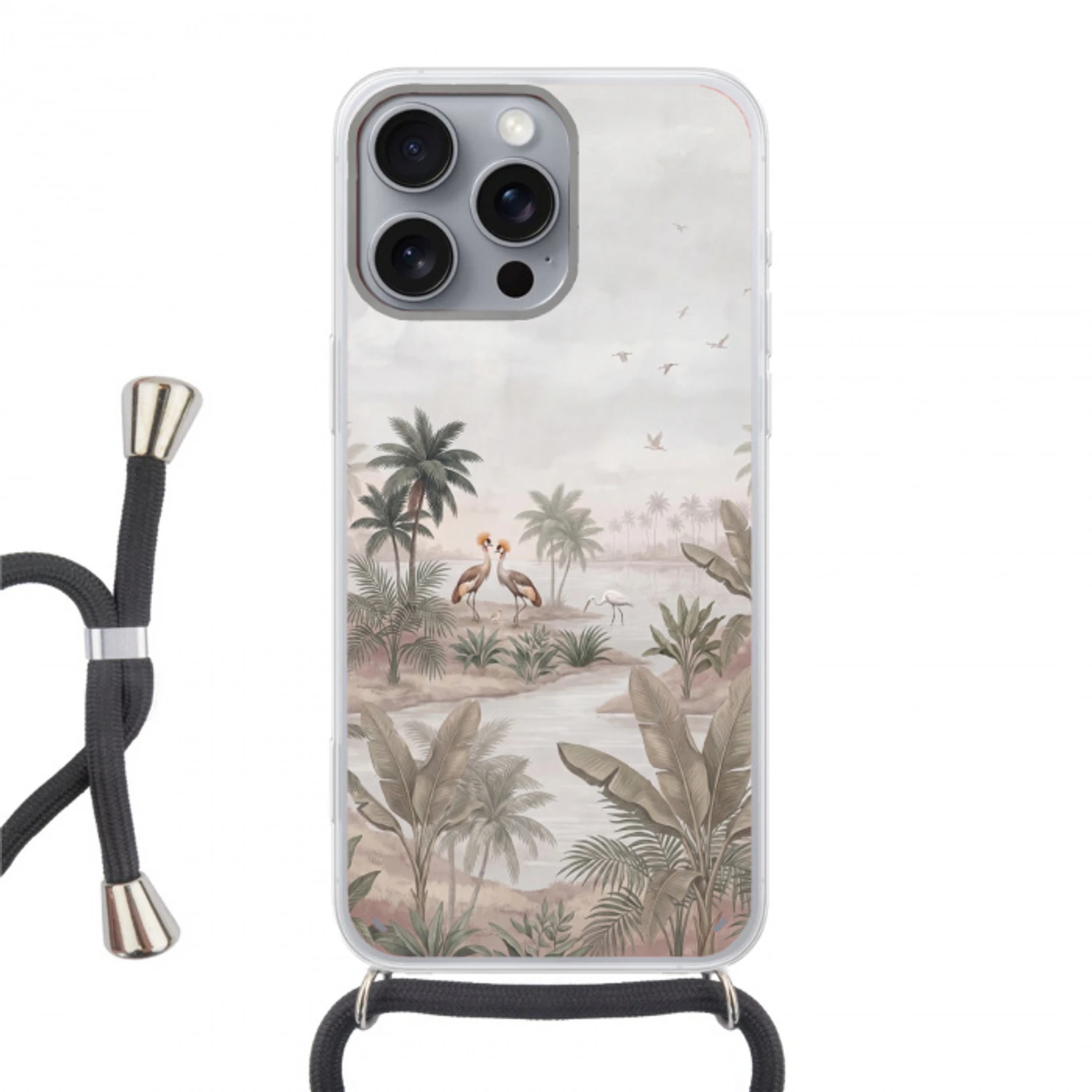 Kraanvogels - Palmbomen - Tropisch Hoesje iPhone 16 Pro Max met koord klein -3d