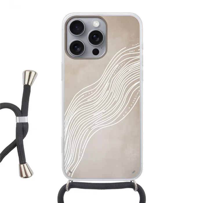 Golvende lijnen - Vloeiend - Zandkleurig Hoesje iPhone 16 Pro Max met koord klein -3d