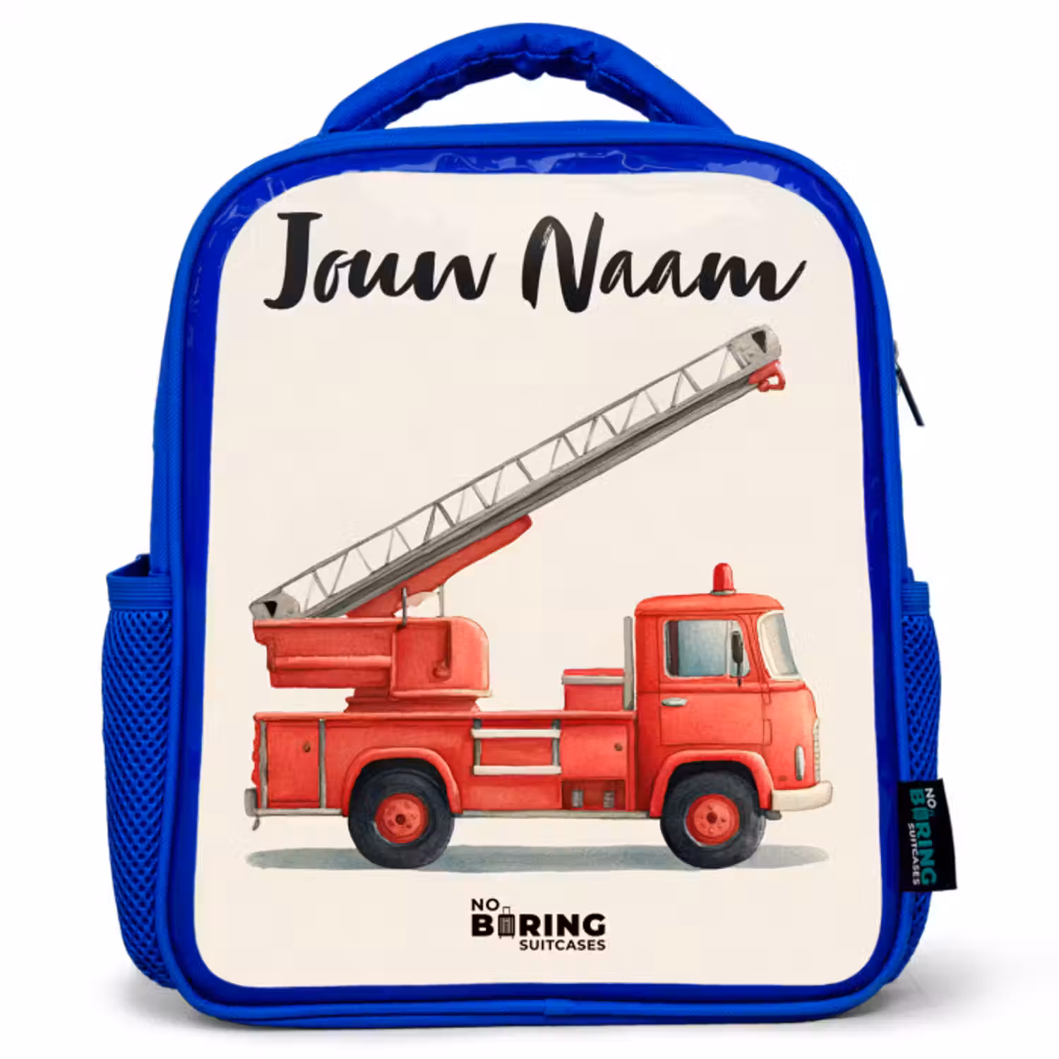 Kinderrugzak met naam - Blauw - Brandweerwagen - Getekend - Rood