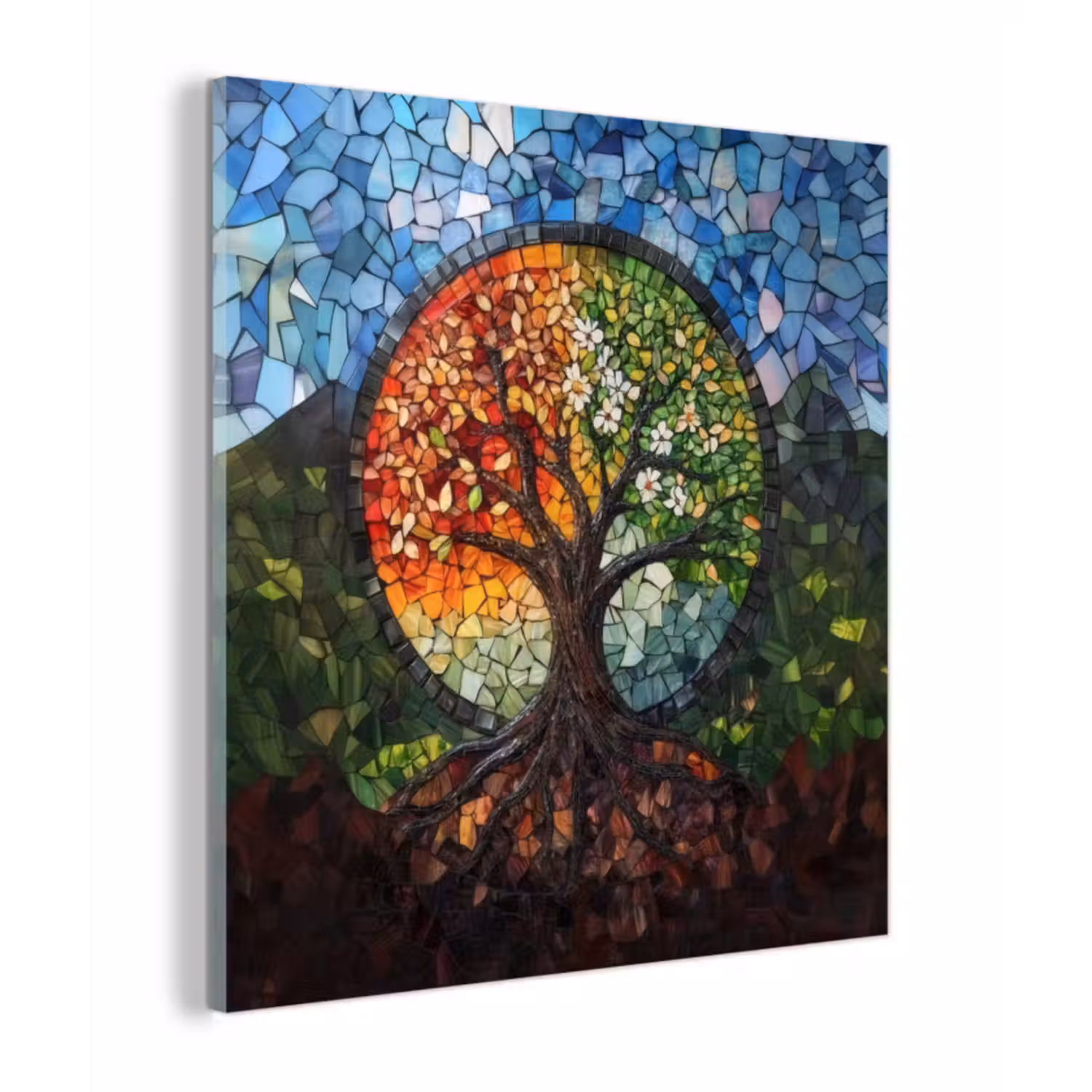 Glas schilderij - Boom - Seizoenen - Mozaïek - Bergen