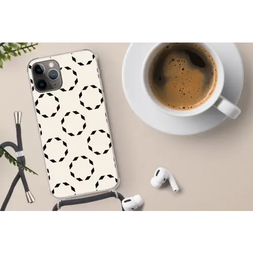 Cirkels - Patroon - Zwart - Beige - Abstract Hoesje iPhone 12 Pro met koord klein -oordop