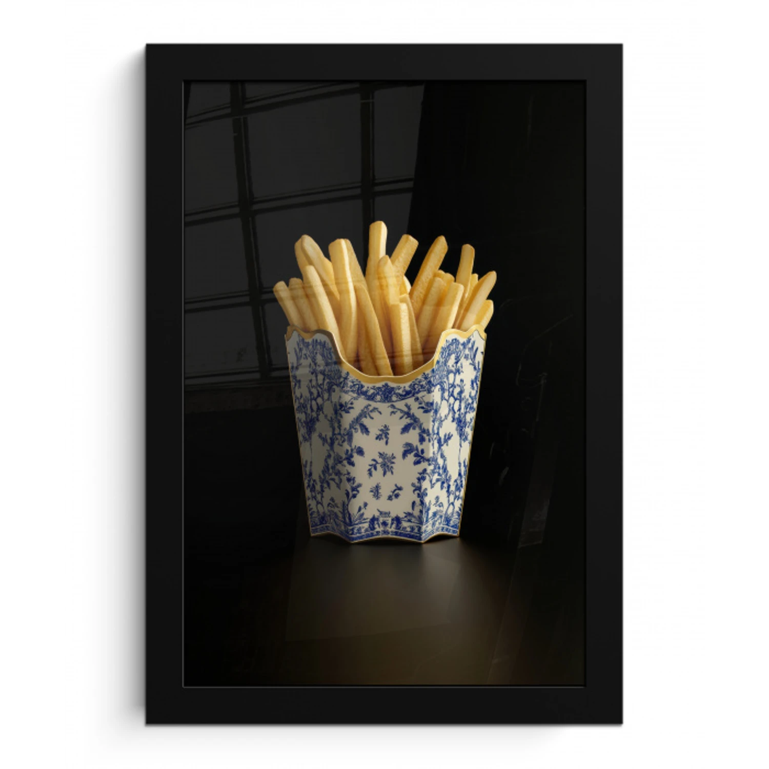 Friet - Porselein - Delfts blauw - Eten fotolijst zwart zonder passe partout klein -3d