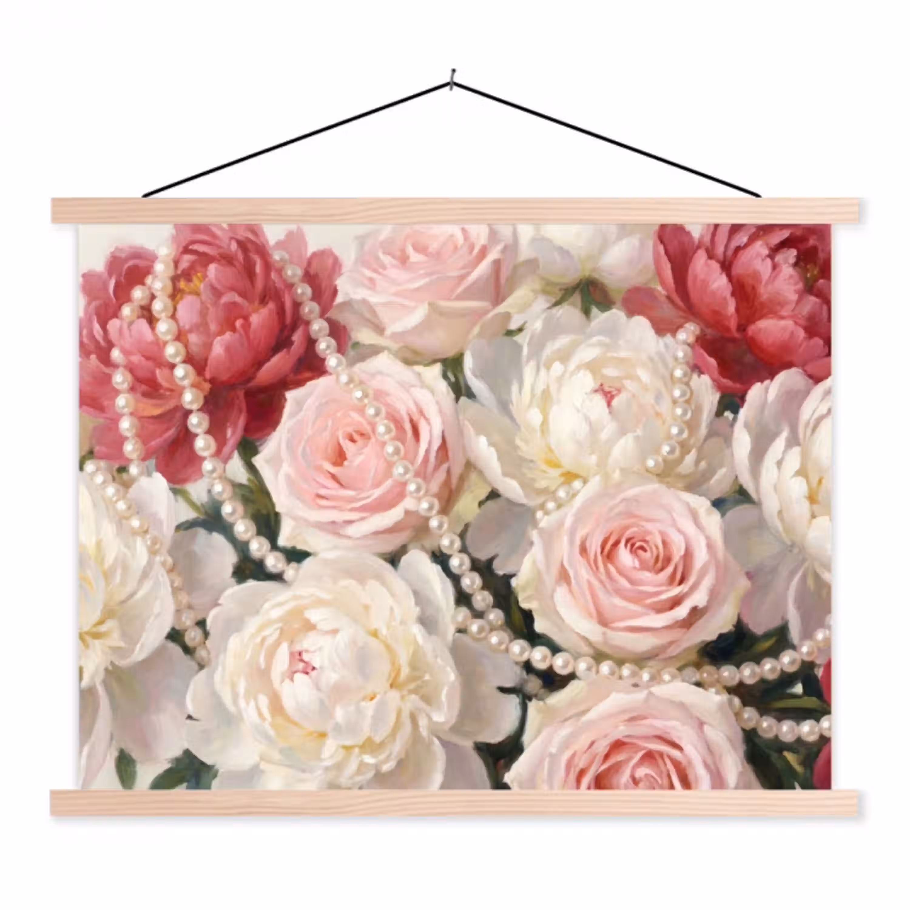 Bloemen - Parels - Romantiek - Klassiek - Roze textielposter latten blank klein -3d