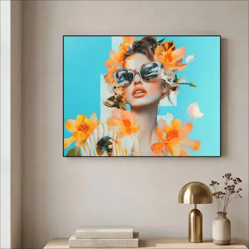 Bloemen - Vrouw - Zonnebril - Blauw Textielframe zwart klein -sfeer2