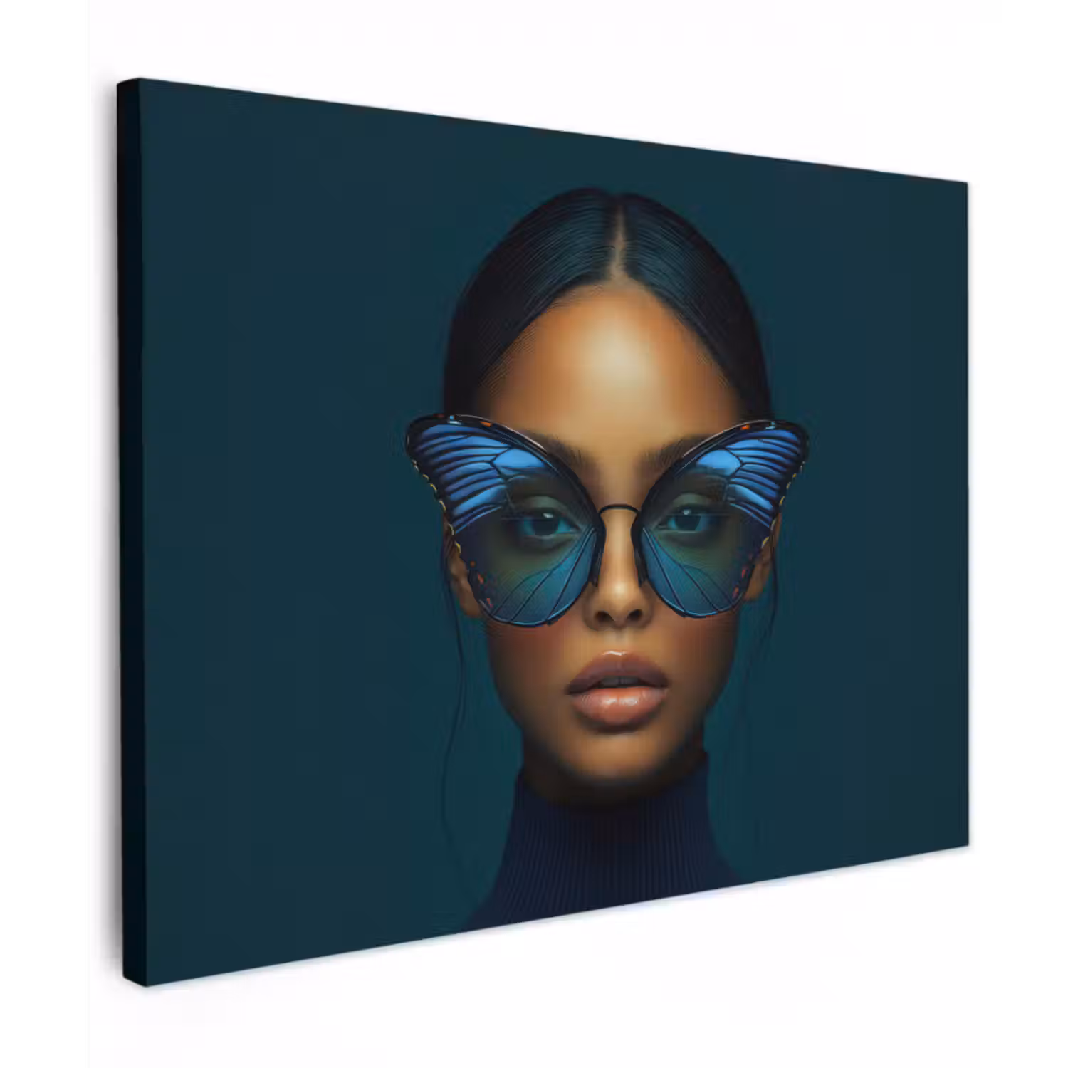 Canvas schilderij - Vrouw - Vlinder - Bril - Blauw - Modern - Portret
