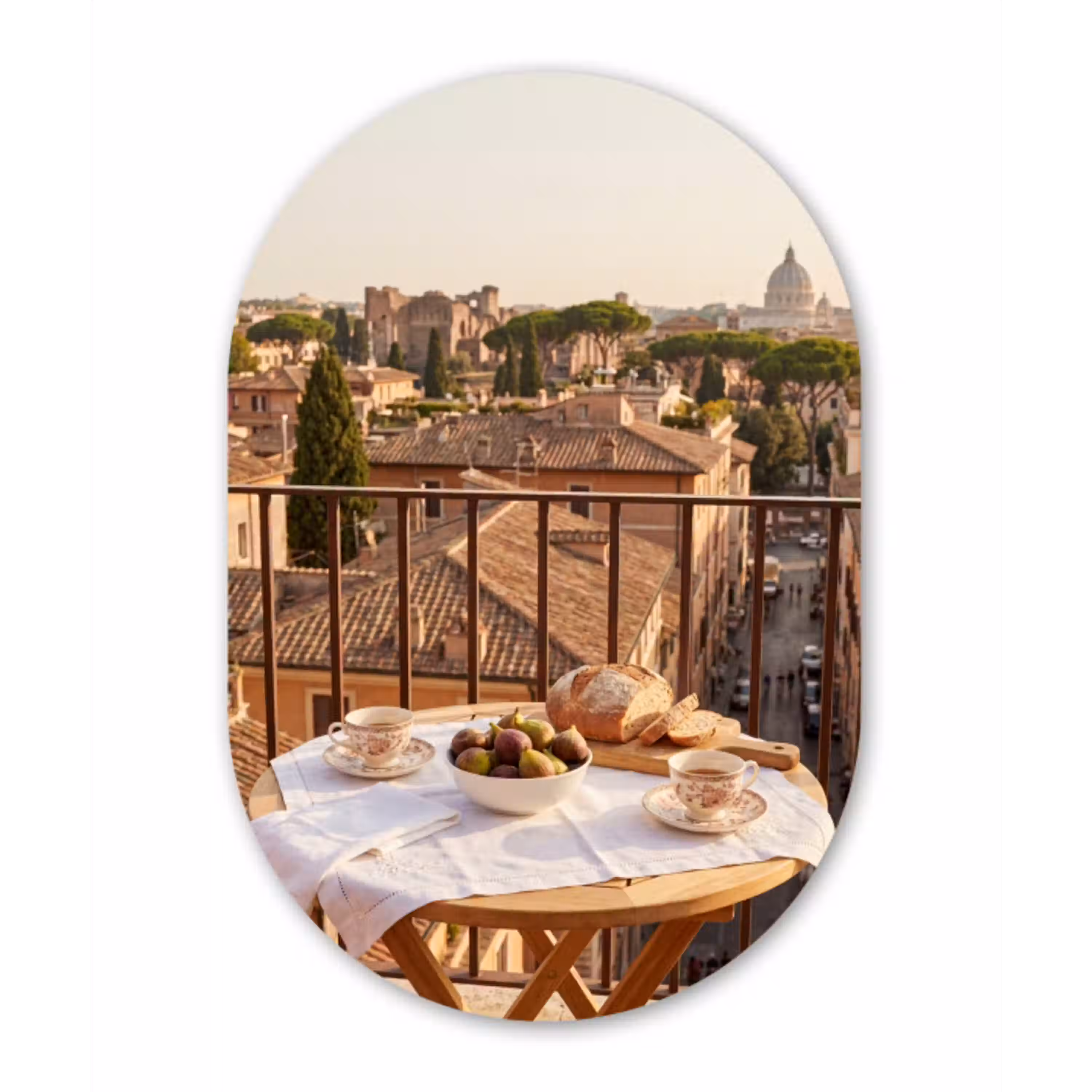 Eten - Ontbijt - Balkon - Stad - Zonsopgang Wandcirkel Ovaal Aluminium middel -3d