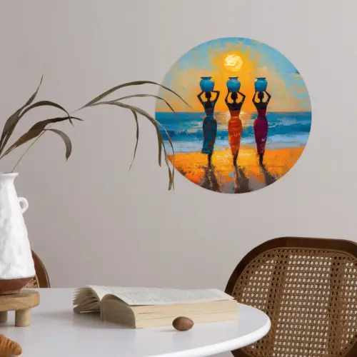 Vrouwen - Strand - Zondsondergang Wandcirkel behangsticker klein -sfeer3