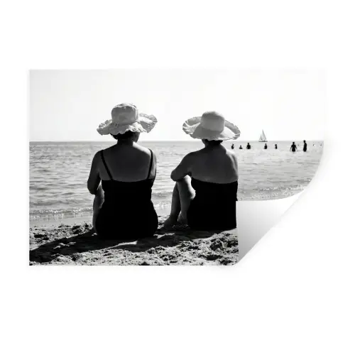 Vrouwen - Zonnehoed - Strand - Zwart - Wit Muursticker klein -3d
