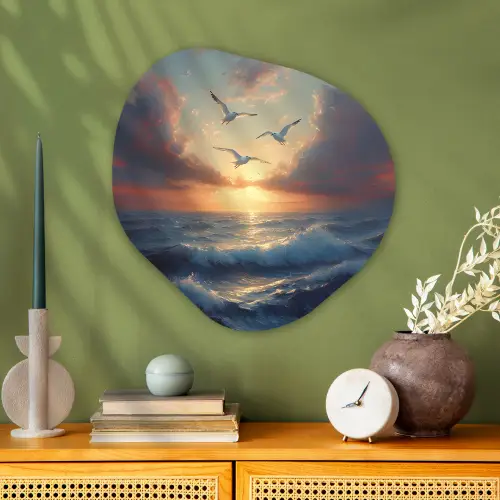 Meeuwen - Zonsondergang - Zee - Wolken Wandcirkel Organisch Plexiglas middel -sfeer2