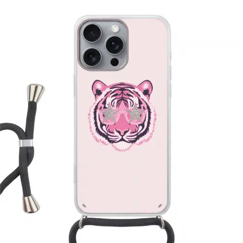 Tijger - Glitterzonnebril - Roze Hoesje iPhone 16 Pro Max met koord klein -3d