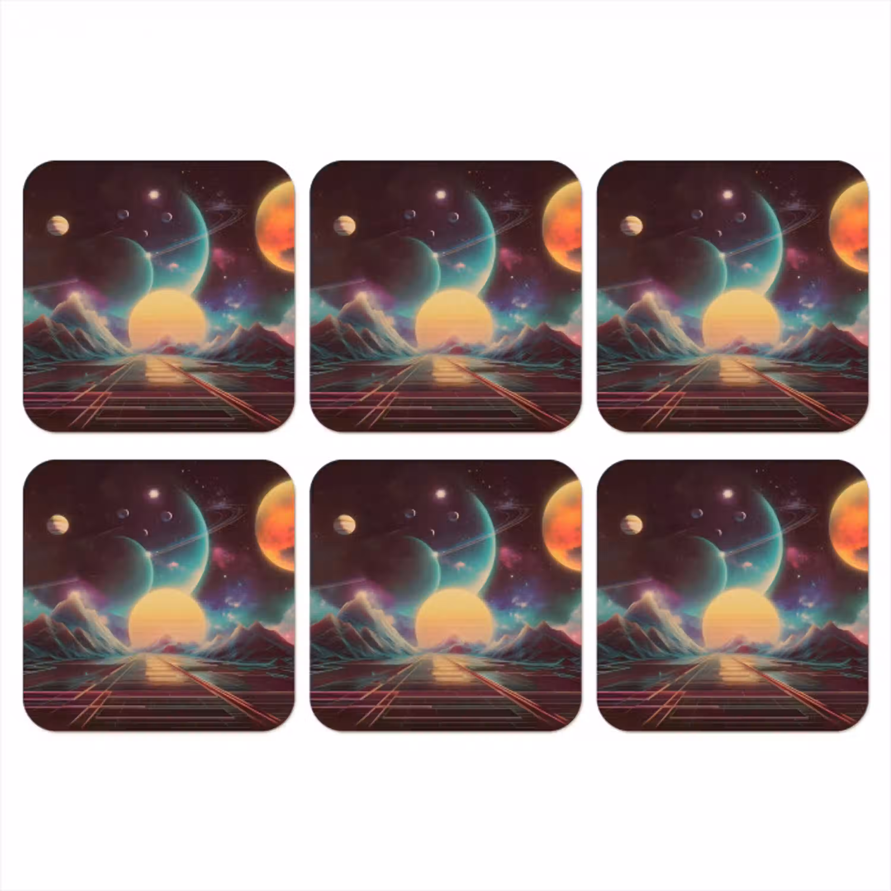 Planeten - Neon - Berglandschap - Zon onderzetter kurk middel -3d