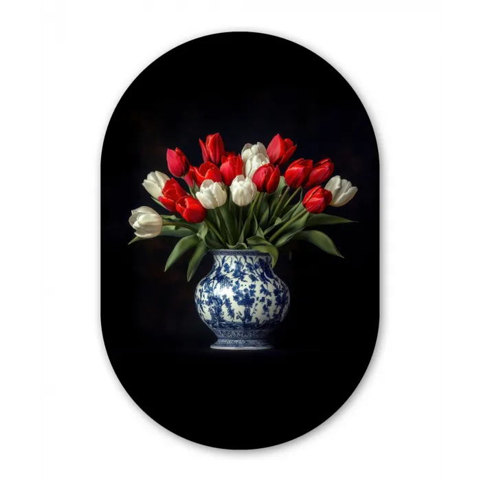 Rode - Bloemen - Tulpen - Vaas Wandcirkel Ovaal Glas middel -3d