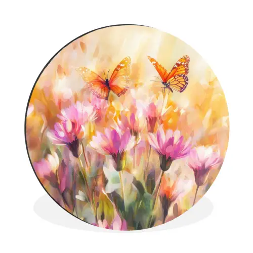 Vlinders - Oranje - Bloemen Wandcirkel aluminium klein -3d