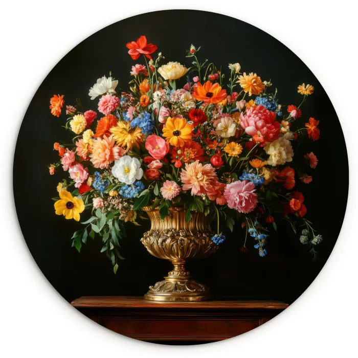 Goud - Bloemen - Kleuren - Vaas Wandcirkel kunststof plaat 5mm dik klein -3d