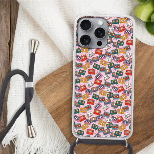 Cassette - Patroon - Roze Hoesje iPhone 16 Pro Max met koord klein 804 -sfeer4