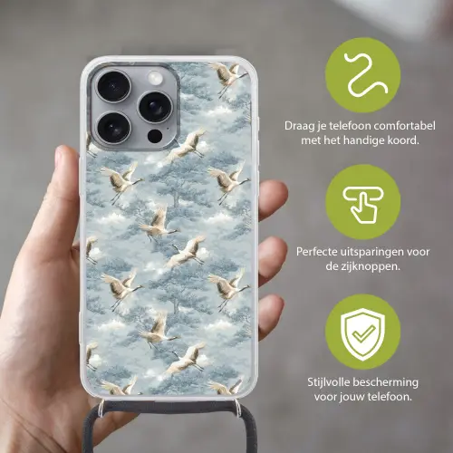 Wolken - Kraanvogels - Blauw Hoesje iPhone 16 Pro Max met koord klein 804 -sfeer2_NL
