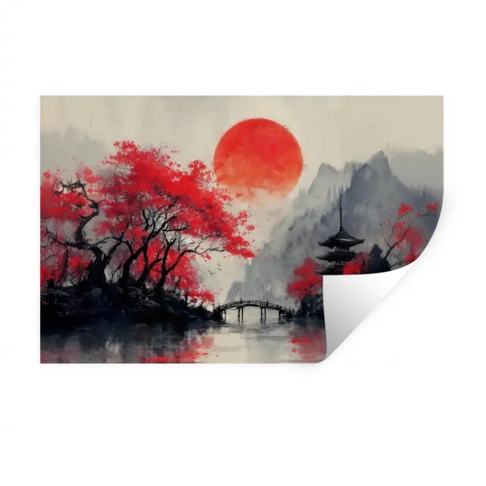 Rode zon - Rivier - brug - Bomen Muursticker klein -3d