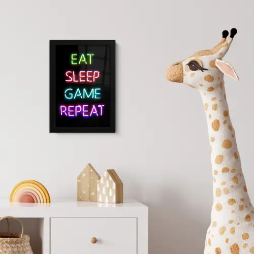 Gaming - Led - Quote - Eat sleep game repeat - Gamen fotolijst zwart zonder passe partout klein -usfeer4_kinderkamer