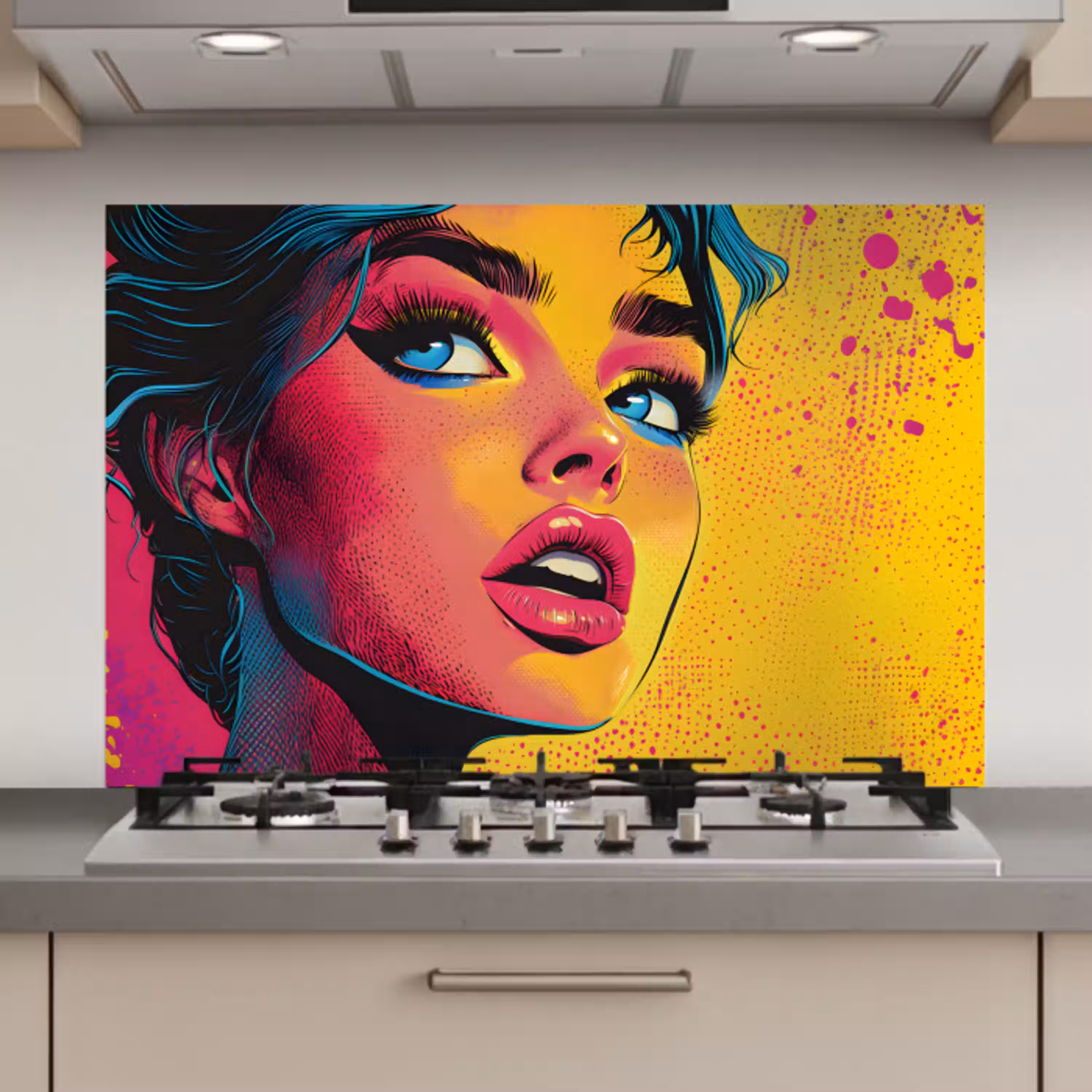 Close-up - Vrouwengezicht - Stippen - Geel keuken achterwand spatscherm klein -3d_website