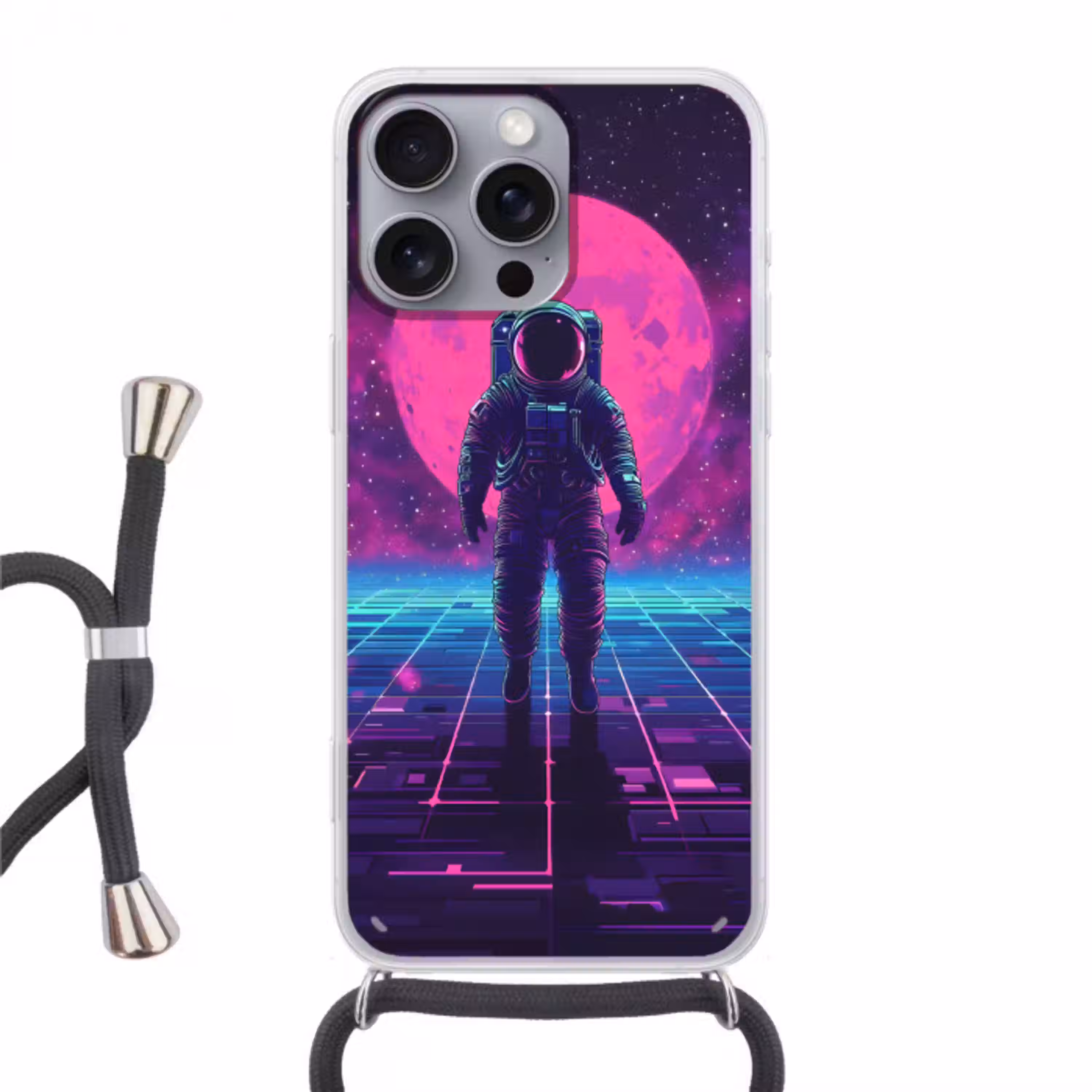 Astronaut - Maan - Roze - Sterrennevels Hoesje iPhone 16 Pro Max met koord klein -3d