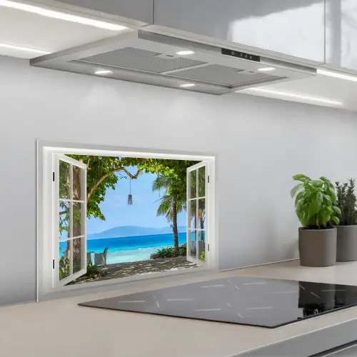Doorkijk - Boom - Zee - Palmboom - Heuvels - Strand - Blauw keuken achterwand spatscherm klein -3d_schuin