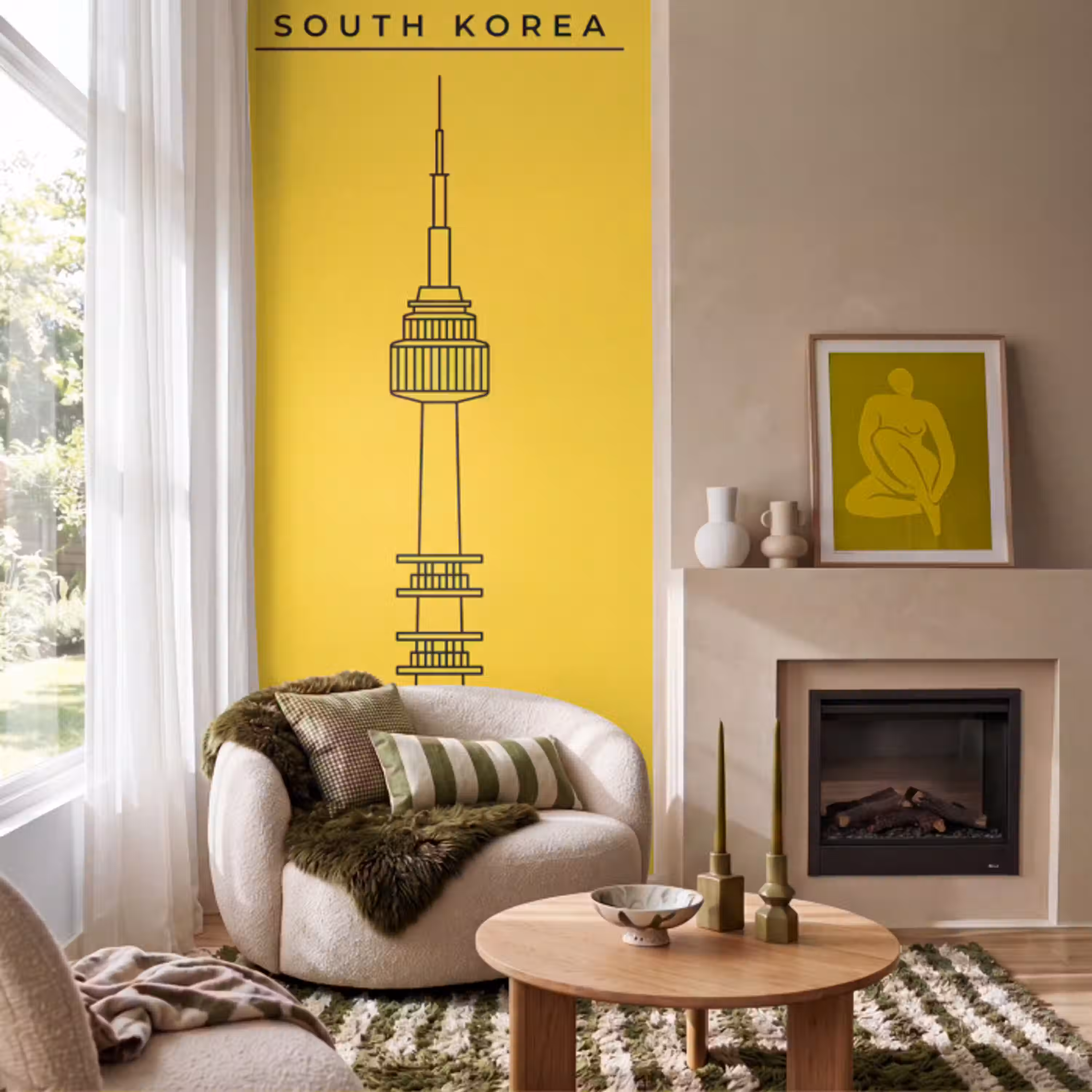 Toren - Seoul - Architectuur - Minimalistisch - Geel Behang Vlies klein -sfeer2