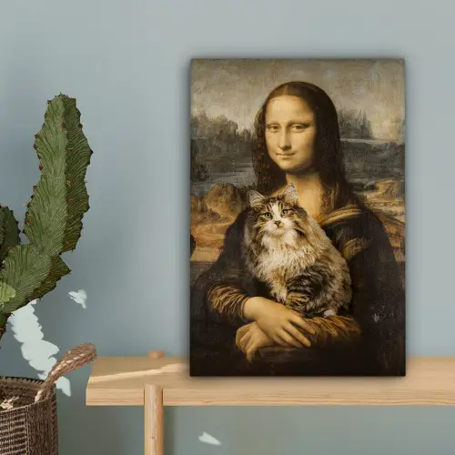 Mona Lisa - Kat - Leonardo da Vinci - Vintage - Kunstwerk - Oude meesters - Schilderij canvas 2cm klein -sfeer4