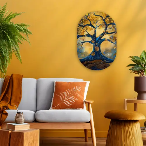 Boom - Levensboom - Blauw - Goud Wandcirkel Ovaal Forex klein -sfeer4