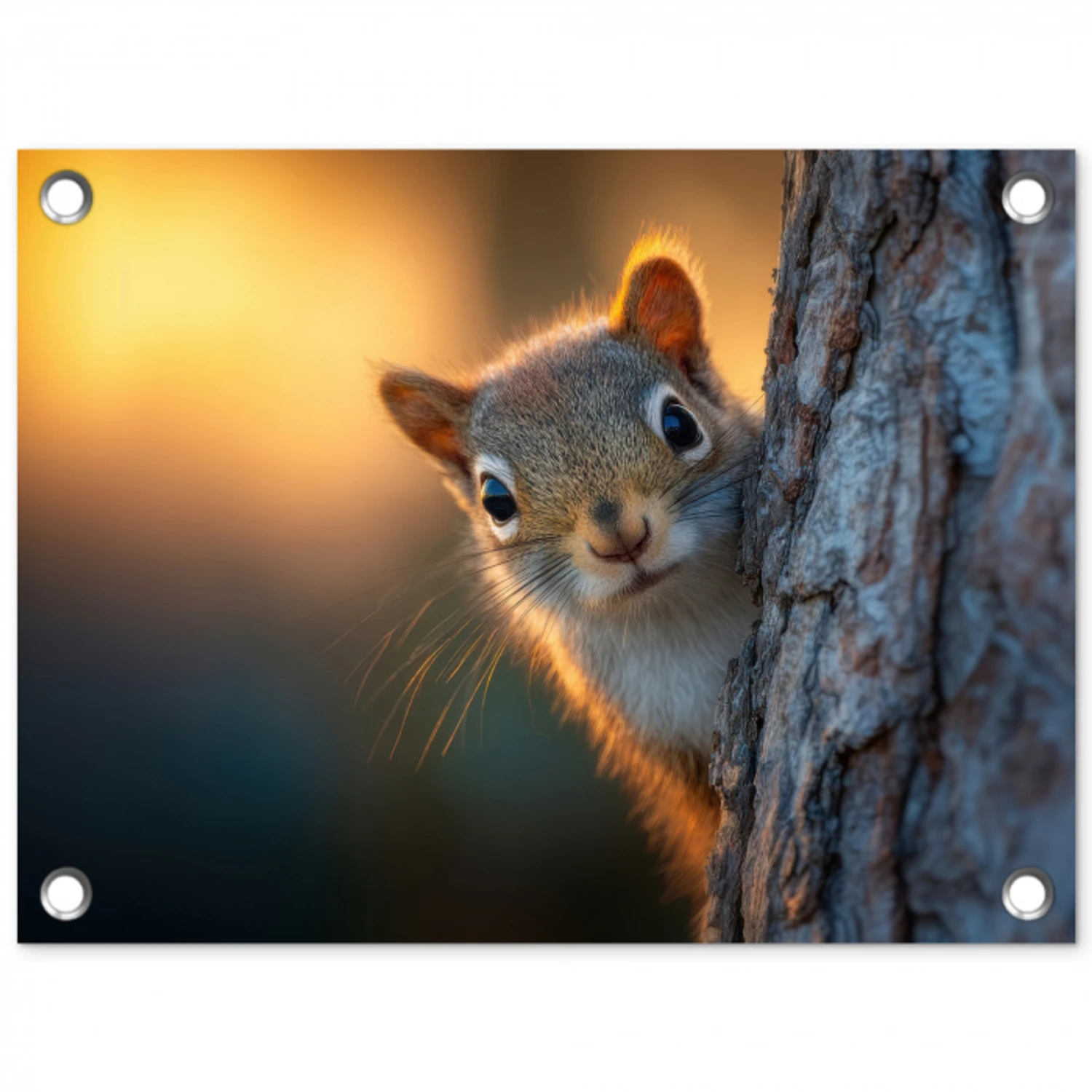 Eekhoorn - Boomstam - Zonsondergang tuinposter los doek klein -3d