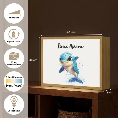 Dolfijn - Blauw - Water - Druppels Light Box met batterij (Wandlamp kind) middel -USP_websiteoverzichtNL