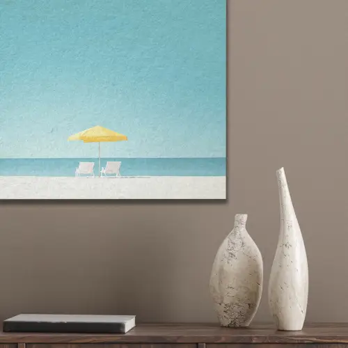 Strand - Blauwe lucht - Geel - Parasol PET vilt klein -sfeer6_closeup