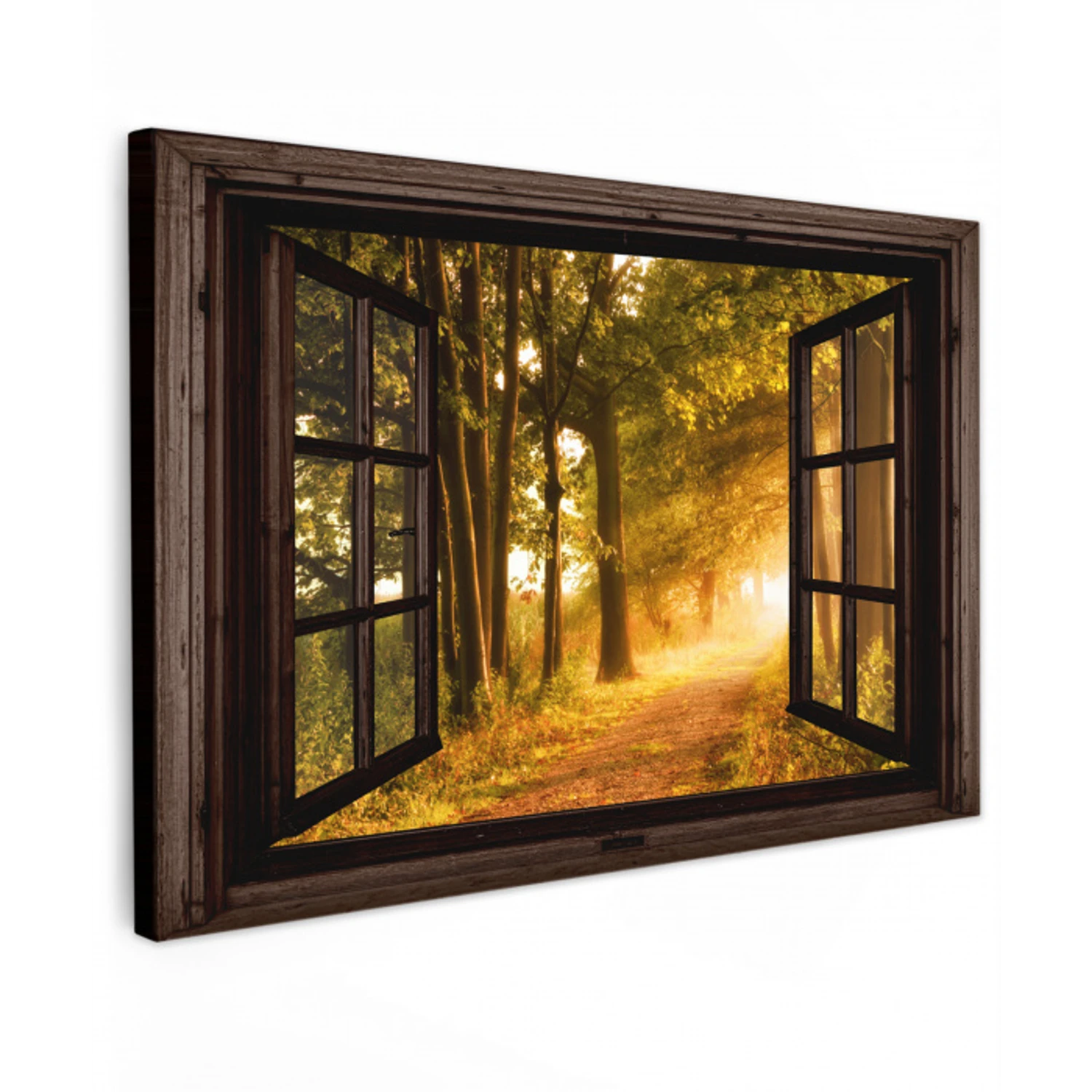 Bos - Bomen - Zonlicht - Herfst - Bospad - Natuur - Doorkijk Tuinposter op houten frame 2 cm dik klein -3d