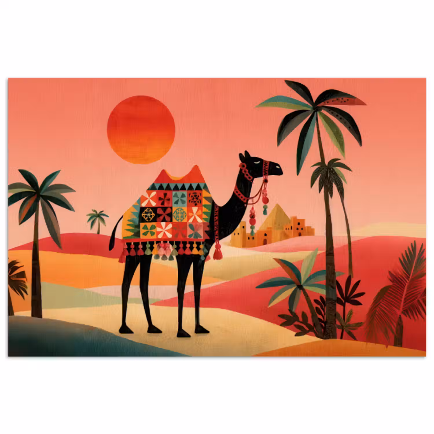 Poster – Kameel - Gekleurd tapijt - Duinen - Rode zon