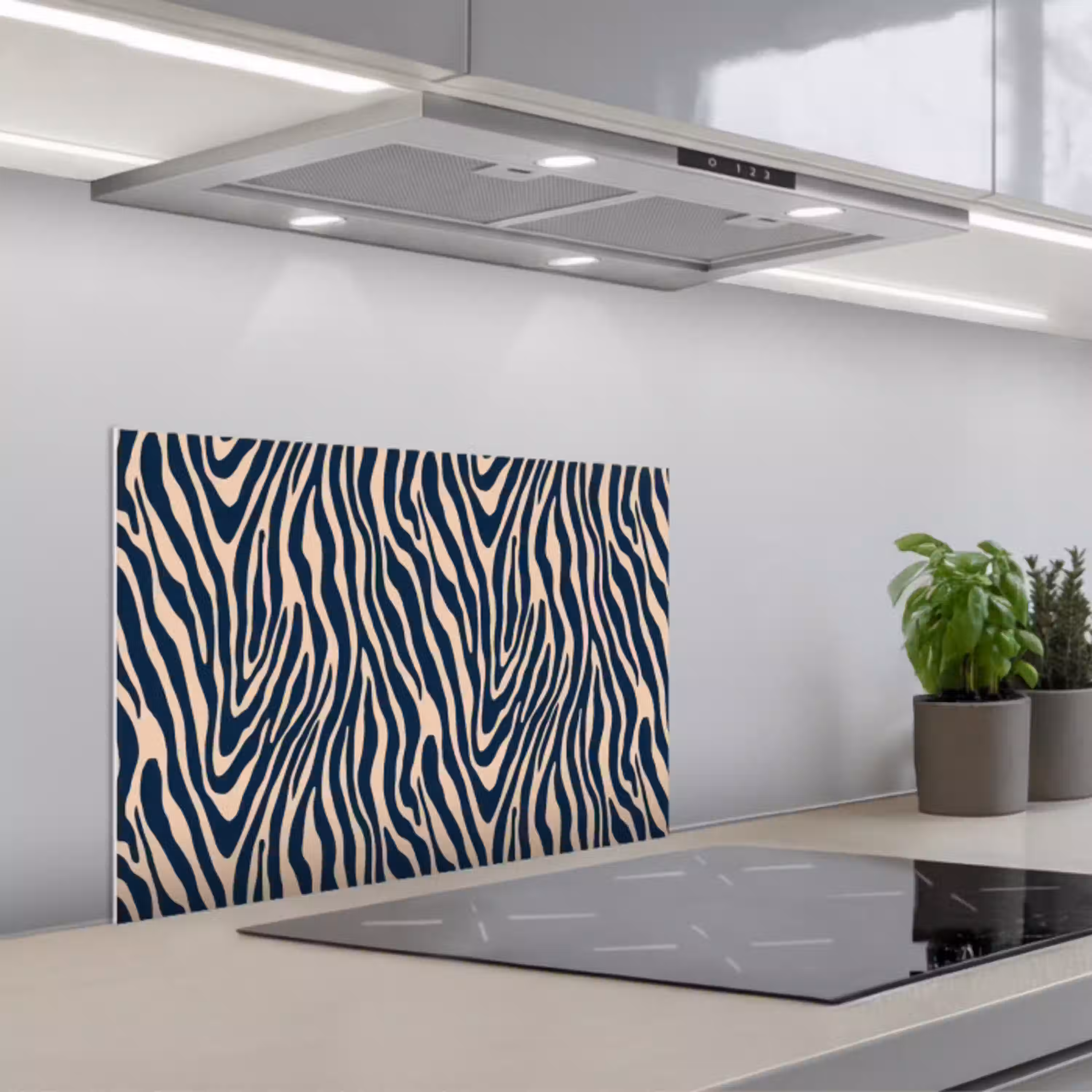 Zebra - Patroon - Blauw - Beige keuken achterwand spatscherm klein 900 -3d_schuin