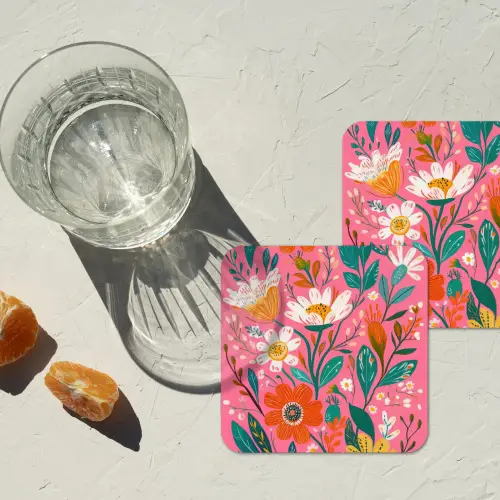 Roze - Bloemen - Wit - Oranje onderzetter kurk middel -sfeer4