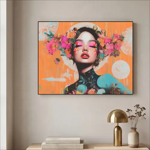 Portret - Vrouw - Abstract - Bloemen Textielframe zwart klein -sfeer2