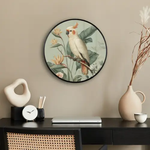 Gele kuifkaketoe - paradijsvogelbloemen - Groen Fotolijst rond zonder passe partout klein -sfeer1